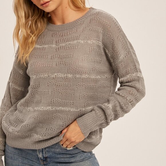 HEM & THREAD Grey Lightweight Open Knit Sweater, Long Sleeve Pullover, Casual - Picture 1 of 2